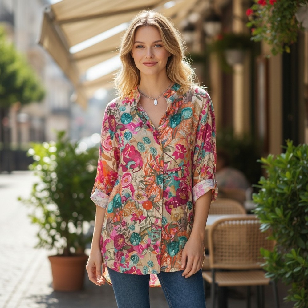 Advita Floral Button Down Indian Fashion Blouse Wmn M Multicolor Tab Sleeve Top